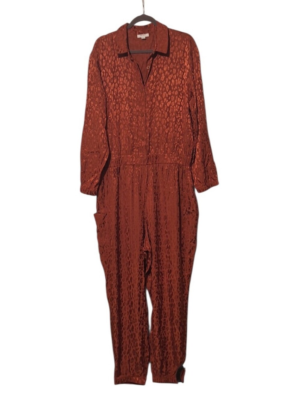On 34th Rust Textured Leopard Print Long-Sleeve Jumpsuit